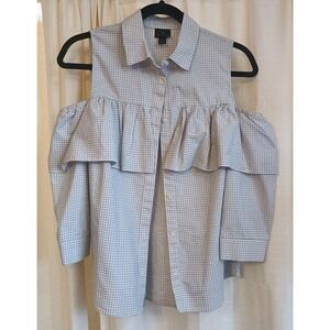 Worthington Women's Ruffle Open‎ Shoulder Black/White/Blue Plaid Top Size S